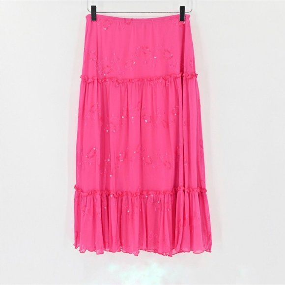 Vintage Y2k WHIZ Pink Midi Skirt Barbiecore Sequin Paisley Ruffle Womens Size L - Picture 2 of 9